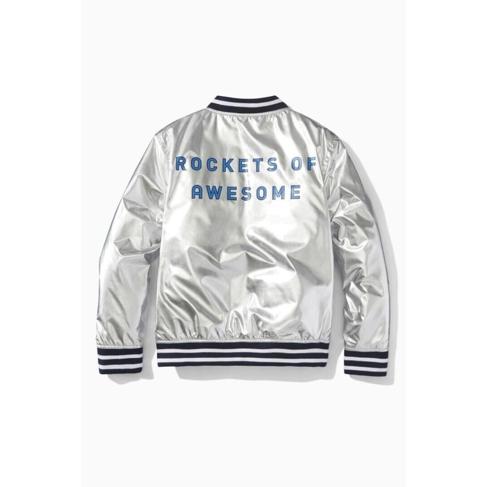 🚀 Rockets Of Awesome Metallic Silver Bomber Jacket Navy Blue White Stripes (L)